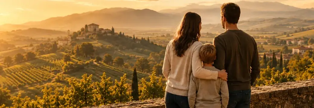 Famiglia che osserva il paesaggio del Veneto, colline del Prosecco al tramonto